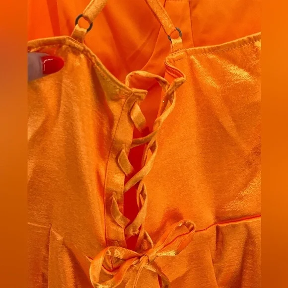 NWT Wild Fable bright orange satin mini dress corset bodice lace up back large - Picture 8 of 11